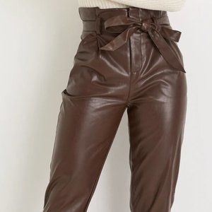Brown Vegan Leather Paperbag Waist Trousers